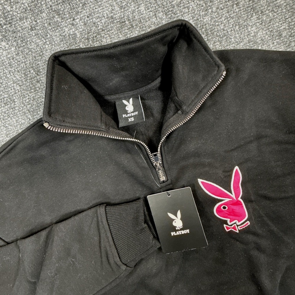 Playboy Quarter Zip Sweatshirt Womens XS Black Pink Bunny Y2K Cropped NWT